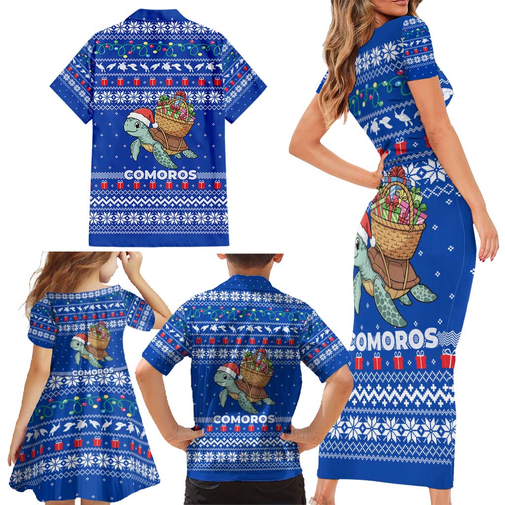 Comoros Christmas Family Matching Short Sleeve Bodycon Dress and Hawaiian Shirt with Santa Turtle Gifts Snowflakes and Ocean Blue Holiday Pattern - Wonder Print Shop