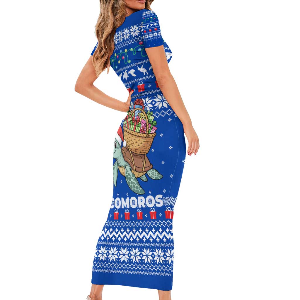 Comoros Christmas Family Matching Short Sleeve Bodycon Dress and Hawaiian Shirt with Santa Turtle Gifts Snowflakes and Ocean Blue Holiday Pattern - Wonder Print Shop