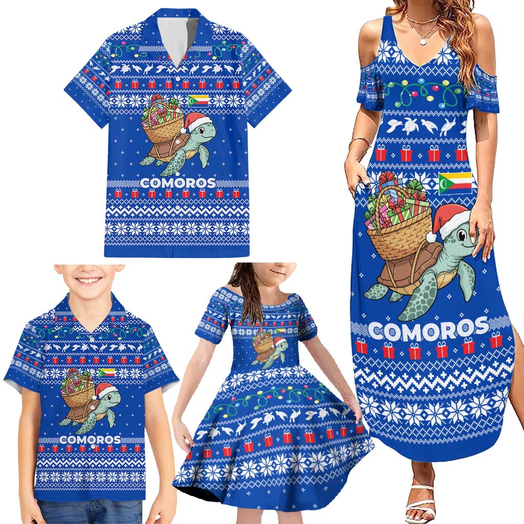 Comoros Christmas Family Matching Summer Maxi Dress and Hawaiian Shirt with Santa Turtle Gifts Snowflakes and Ocean Blue Holiday Pattern - Wonder Print Shop