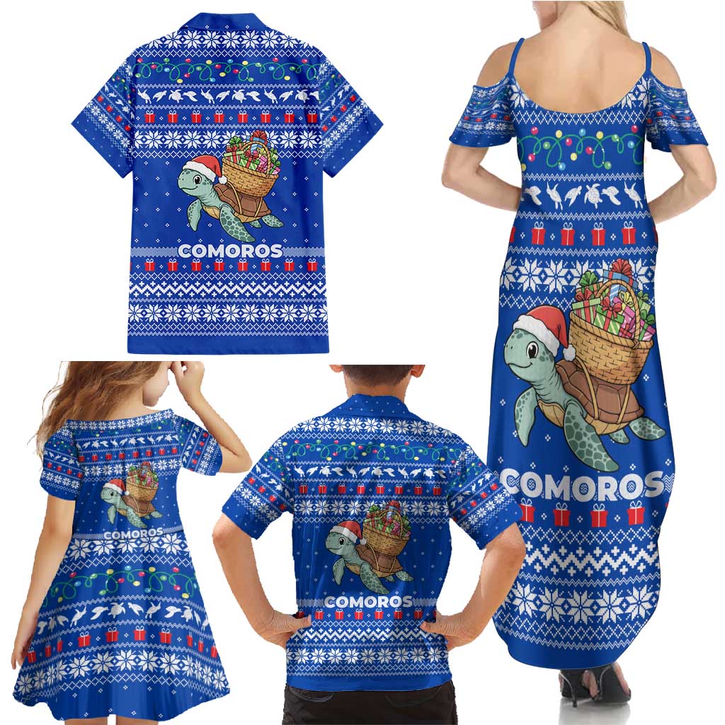 Comoros Christmas Family Matching Summer Maxi Dress and Hawaiian Shirt with Santa Turtle Gifts Snowflakes and Ocean Blue Holiday Pattern - Wonder Print Shop