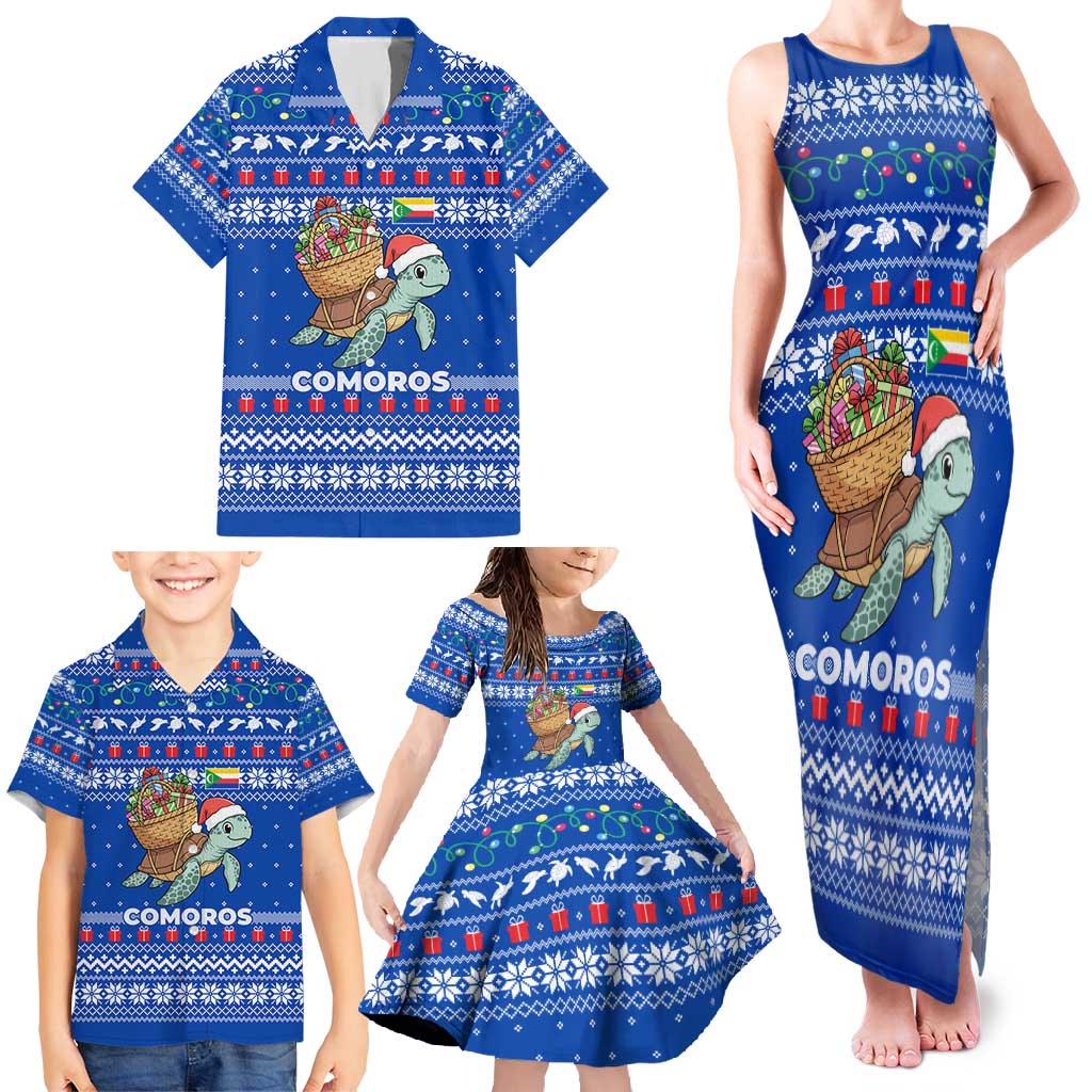 Comoros Christmas Family Matching Tank Maxi Dress and Hawaiian Shirt with Santa Turtle Gifts Snowflakes and Ocean Blue Holiday Pattern - Wonder Print Shop