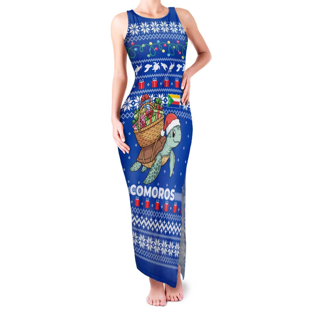 Comoros Christmas Family Matching Tank Maxi Dress and Hawaiian Shirt with Santa Turtle Gifts Snowflakes and Ocean Blue Holiday Pattern - Wonder Print Shop