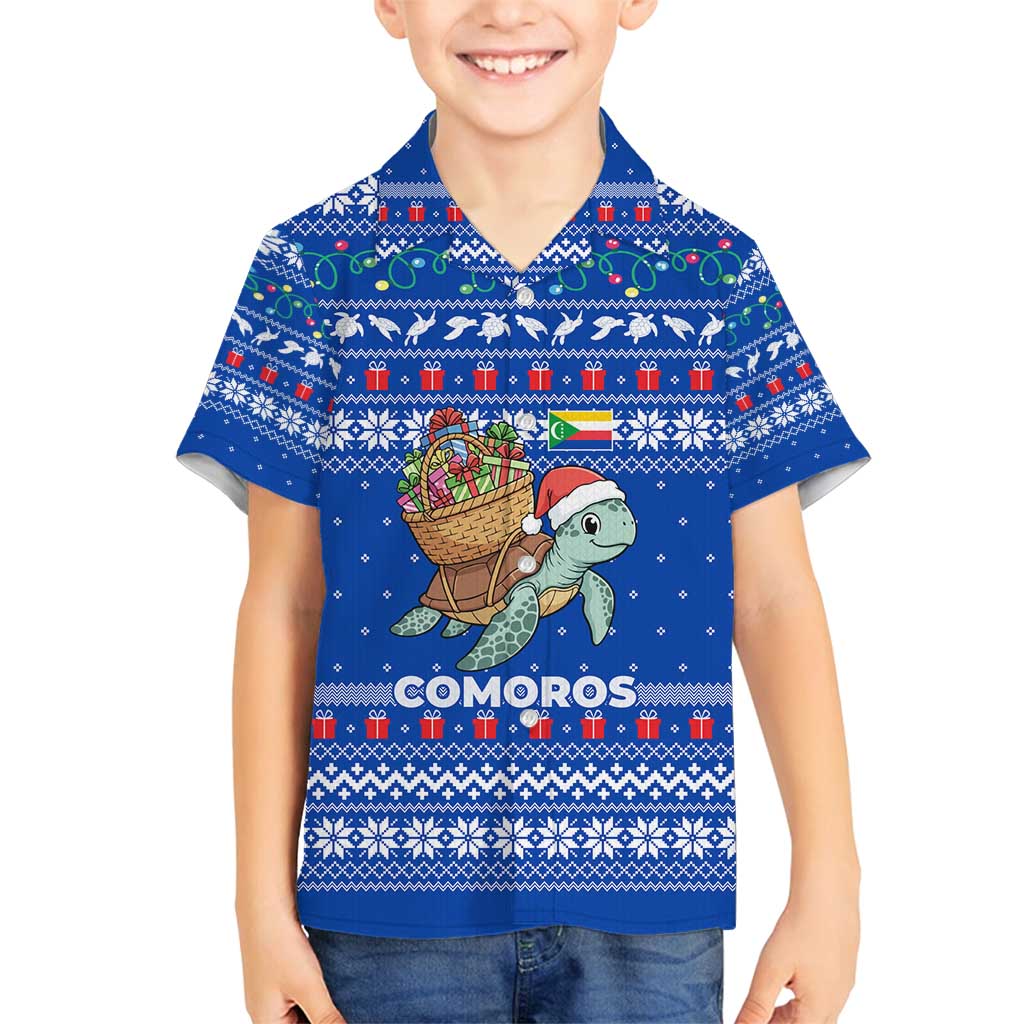 Comoros Christmas Family Matching Tank Maxi Dress and Hawaiian Shirt with Santa Turtle Gifts Snowflakes and Ocean Blue Holiday Pattern - Wonder Print Shop