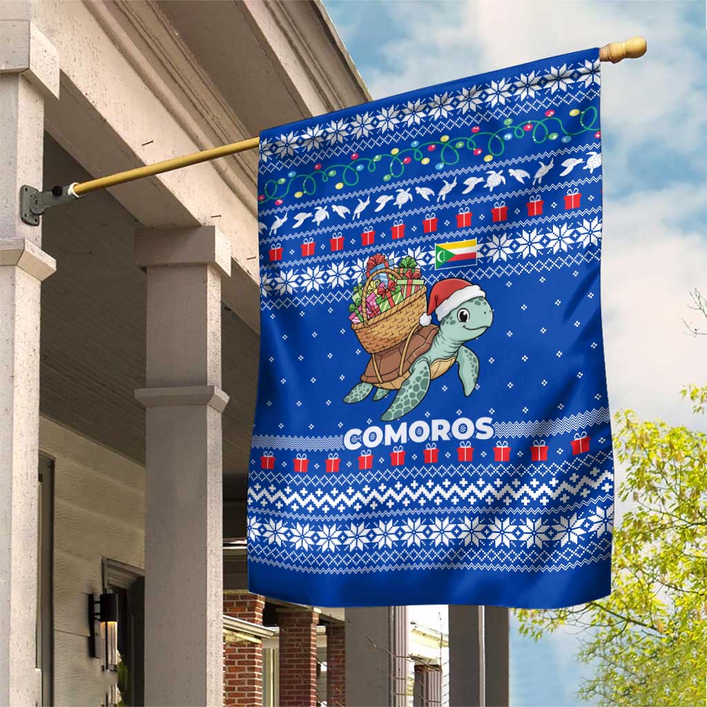 Comoros Christmas Garden Flag with Santa Turtle Gifts Snowflakes and Ocean Blue Holiday Pattern - Wonder Print Shop