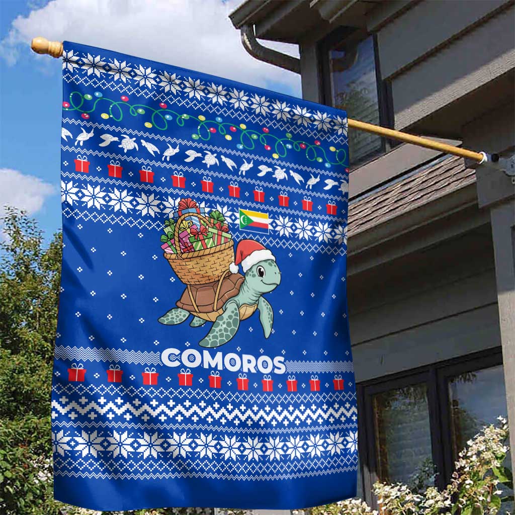 Comoros Christmas Garden Flag with Santa Turtle Gifts Snowflakes and Ocean Blue Holiday Pattern - Wonder Print Shop