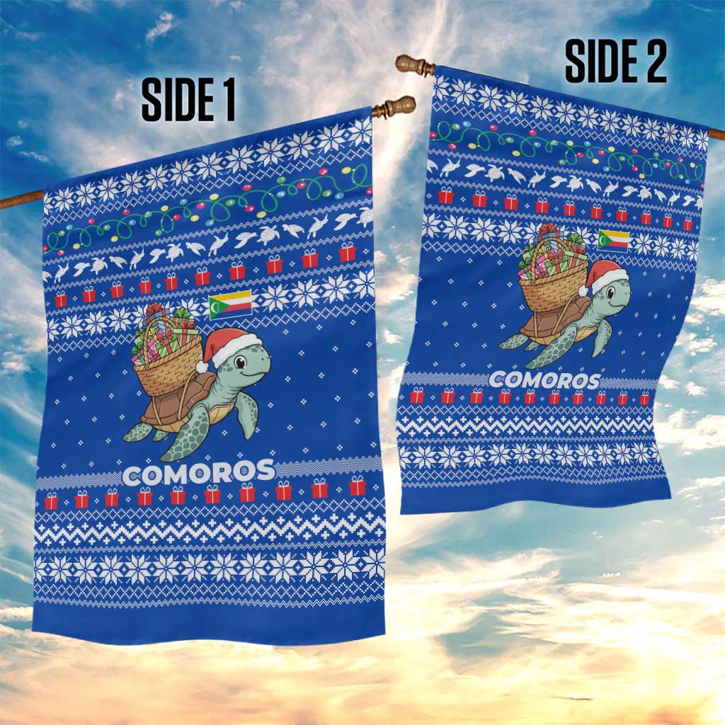 Comoros Christmas Garden Flag with Santa Turtle Gifts Snowflakes and Ocean Blue Holiday Pattern - Wonder Print Shop
