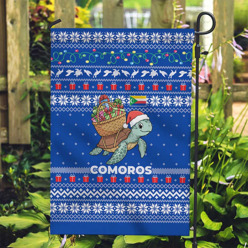 Comoros Christmas Garden Flag with Santa Turtle Gifts Snowflakes and Ocean Blue Holiday Pattern - Wonder Print Shop