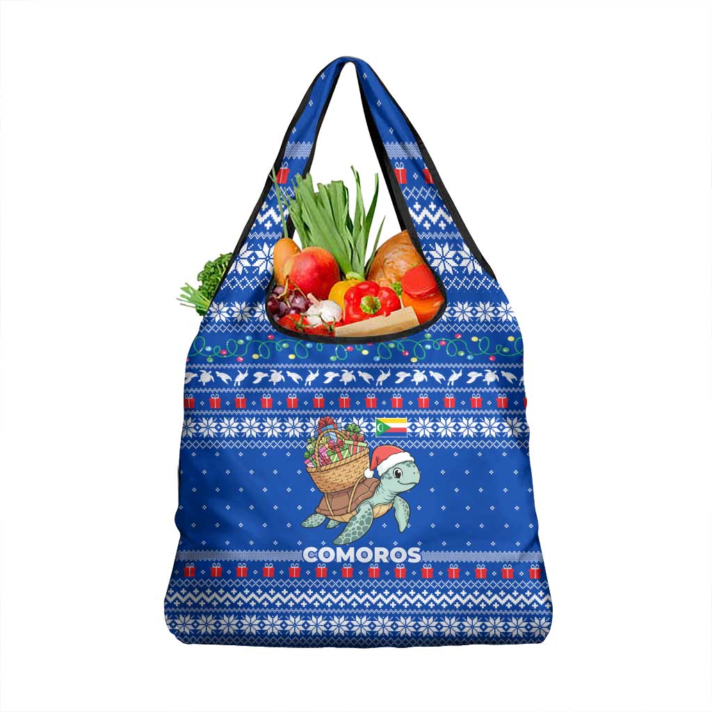 Comoros Christmas Grocery Bag with Santa Turtle Gifts Snowflakes and Ocean Blue Holiday Pattern - Wonder Print Shop
