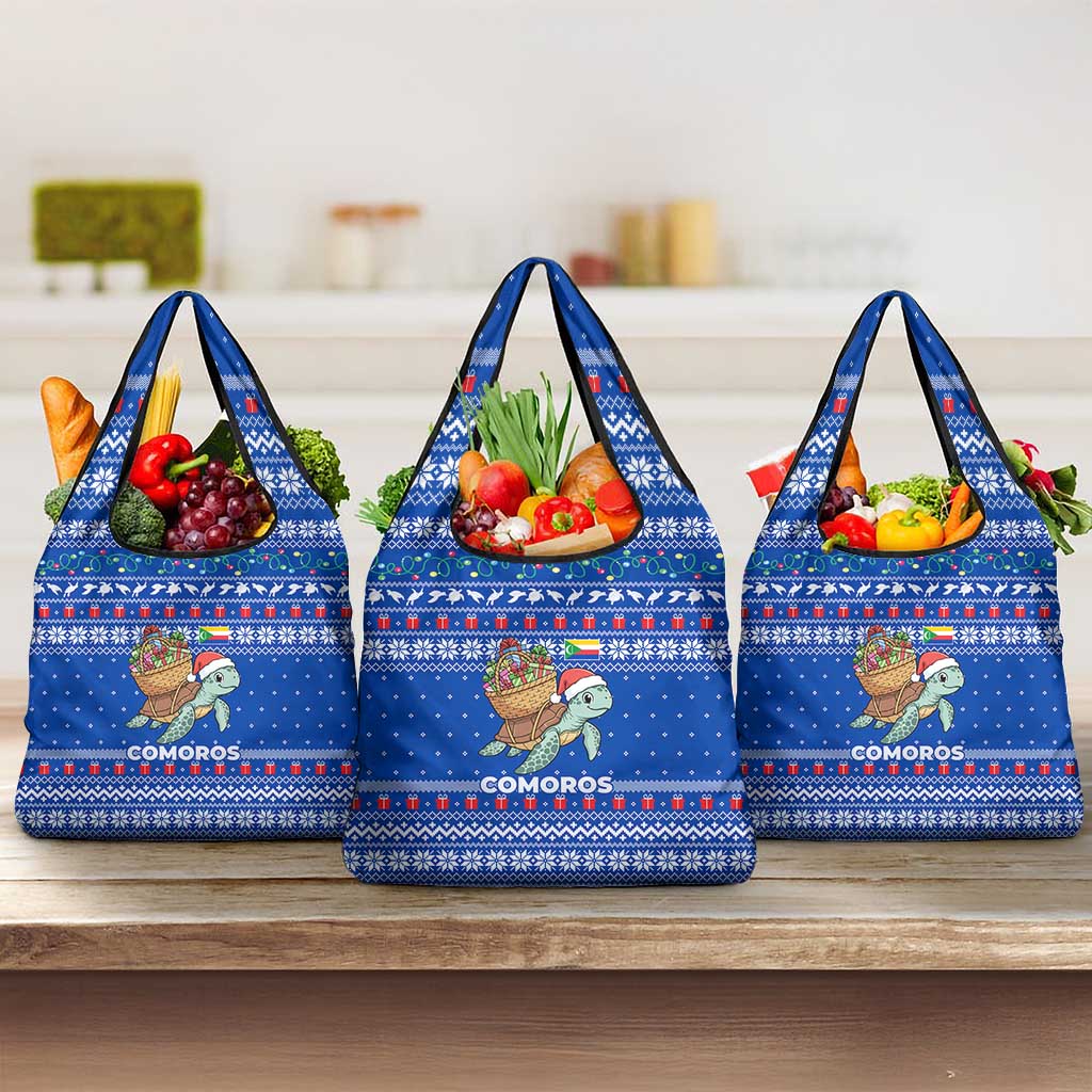 Comoros Christmas Grocery Bag with Santa Turtle Gifts Snowflakes and Ocean Blue Holiday Pattern - Wonder Print Shop