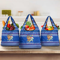 Comoros Christmas Grocery Bag with Santa Turtle Gifts Snowflakes and Ocean Blue Holiday Pattern - Wonder Print Shop