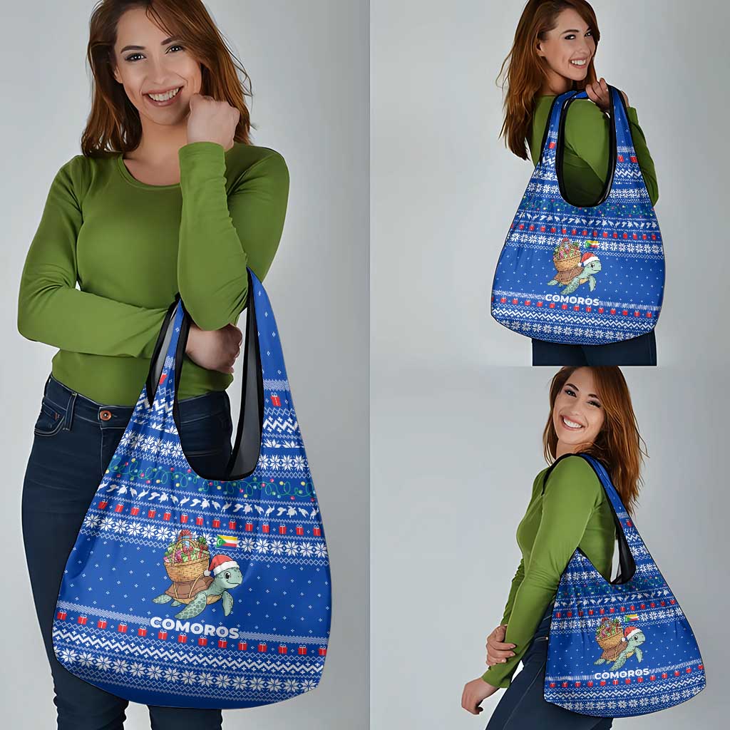 Comoros Christmas Grocery Bag with Santa Turtle Gifts Snowflakes and Ocean Blue Holiday Pattern - Wonder Print Shop