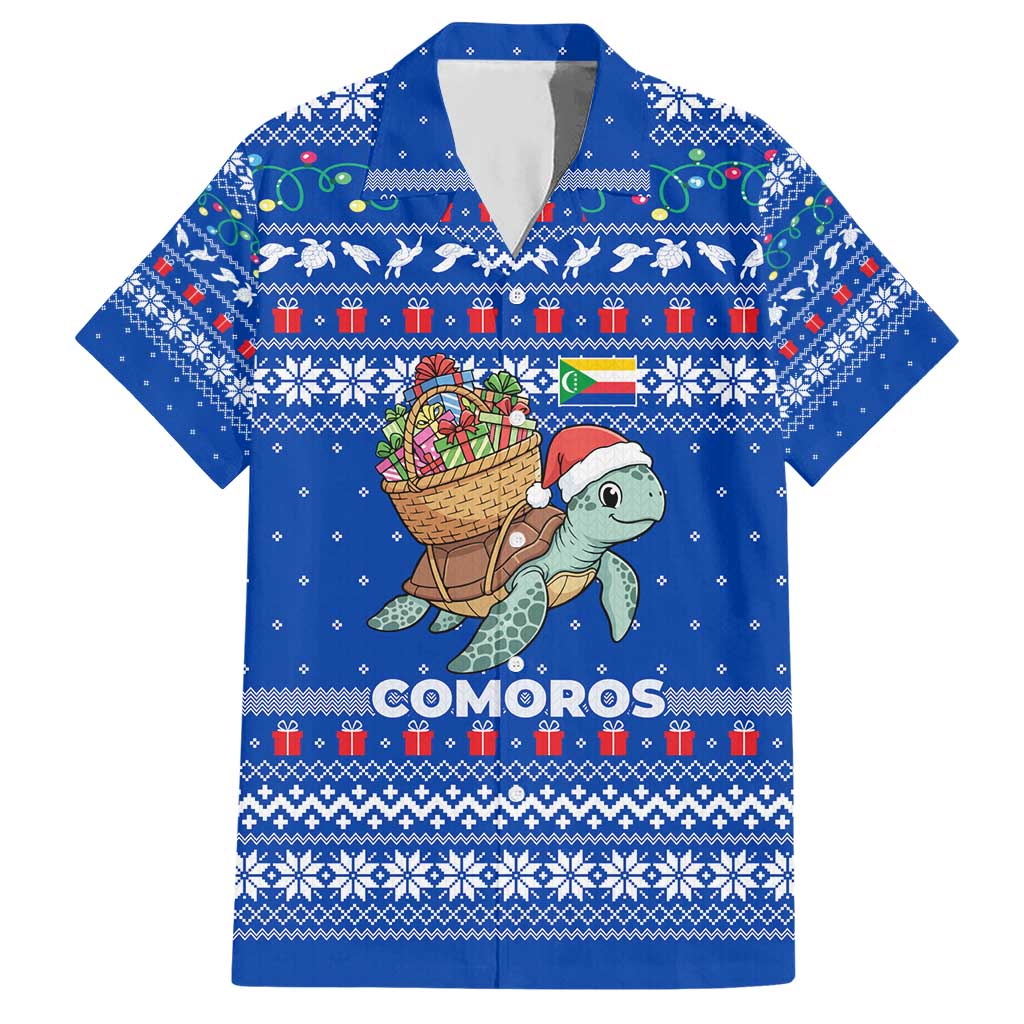 Comoros Christmas Hawaiian Shirt with Santa Turtle Gifts Snowflakes and Ocean Blue Holiday Pattern - Wonder Print Shop