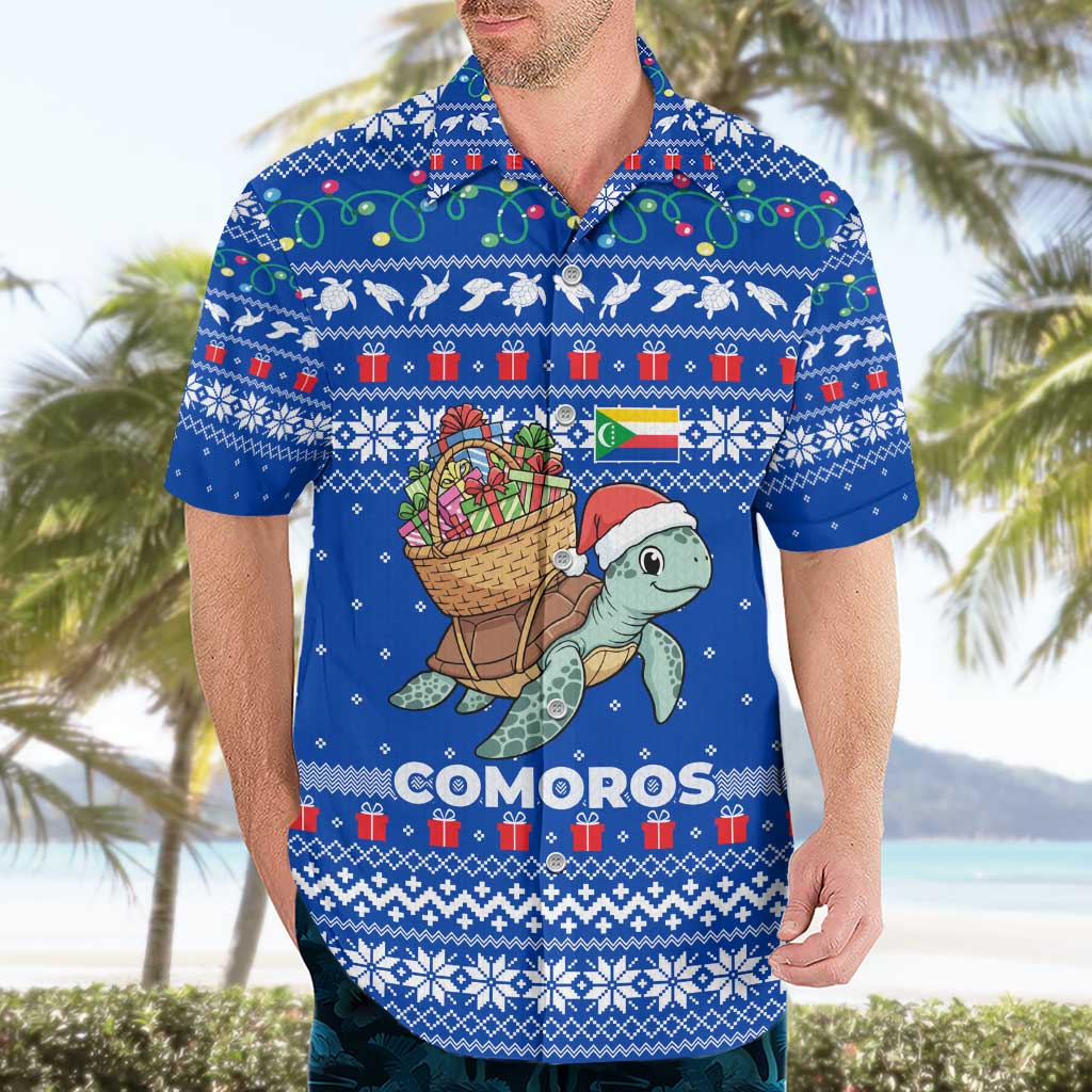 Comoros Christmas Hawaiian Shirt with Santa Turtle Gifts Snowflakes and Ocean Blue Holiday Pattern - Wonder Print Shop