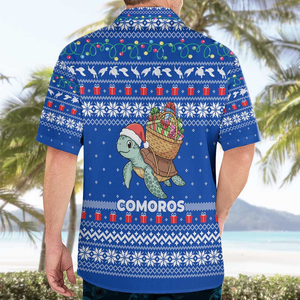 Comoros Christmas Hawaiian Shirt with Santa Turtle Gifts Snowflakes and Ocean Blue Holiday Pattern - Wonder Print Shop
