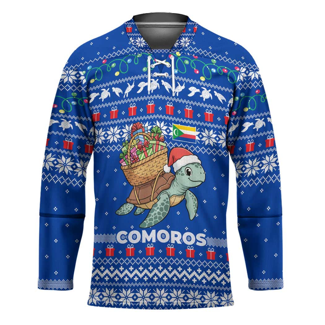 Comoros Christmas Hockey Jersey with Santa Turtle Gifts Snowflakes and Ocean Blue Holiday Pattern - Wonder Print Shop