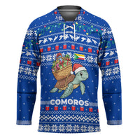 Comoros Christmas Hockey Jersey with Santa Turtle Gifts Snowflakes and Ocean Blue Holiday Pattern - Wonder Print Shop