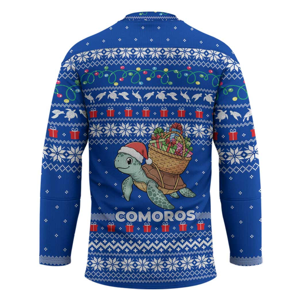 Comoros Christmas Hockey Jersey with Santa Turtle Gifts Snowflakes and Ocean Blue Holiday Pattern - Wonder Print Shop