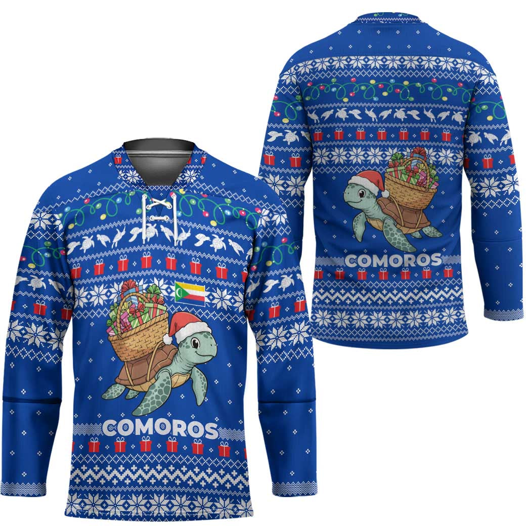 Comoros Christmas Hockey Jersey with Santa Turtle Gifts Snowflakes and Ocean Blue Holiday Pattern - Wonder Print Shop