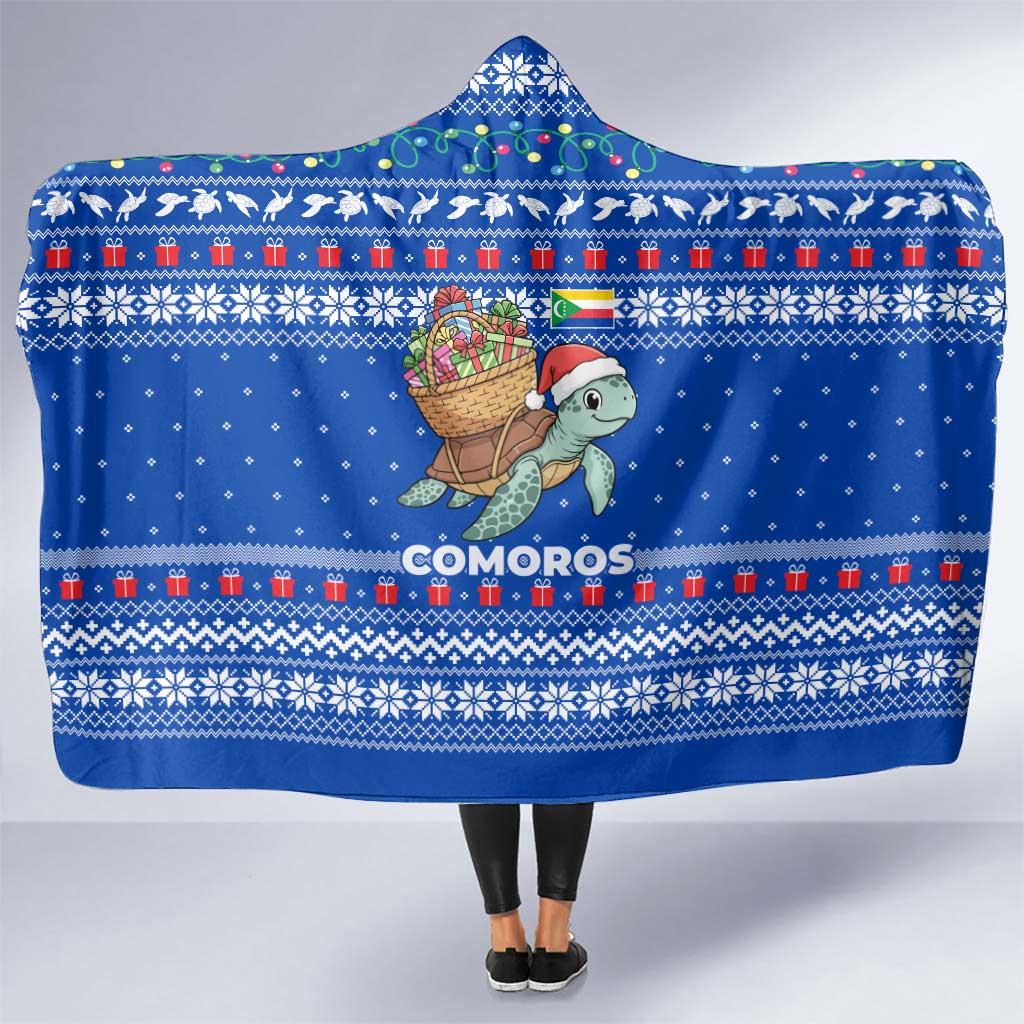 Comoros Christmas Hooded Blanket with Santa Turtle Gifts Snowflakes and Ocean Blue Holiday Pattern - Wonder Print Shop