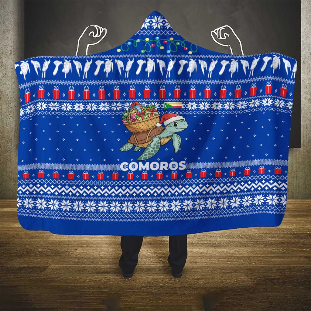 Comoros Christmas Hooded Blanket with Santa Turtle Gifts Snowflakes and Ocean Blue Holiday Pattern - Wonder Print Shop