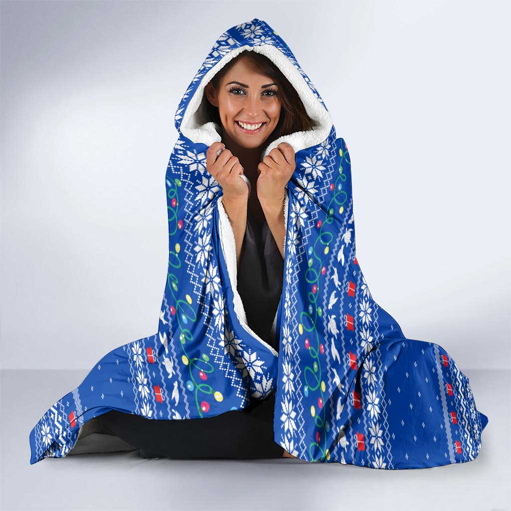 Comoros Christmas Hooded Blanket with Santa Turtle Gifts Snowflakes and Ocean Blue Holiday Pattern - Wonder Print Shop