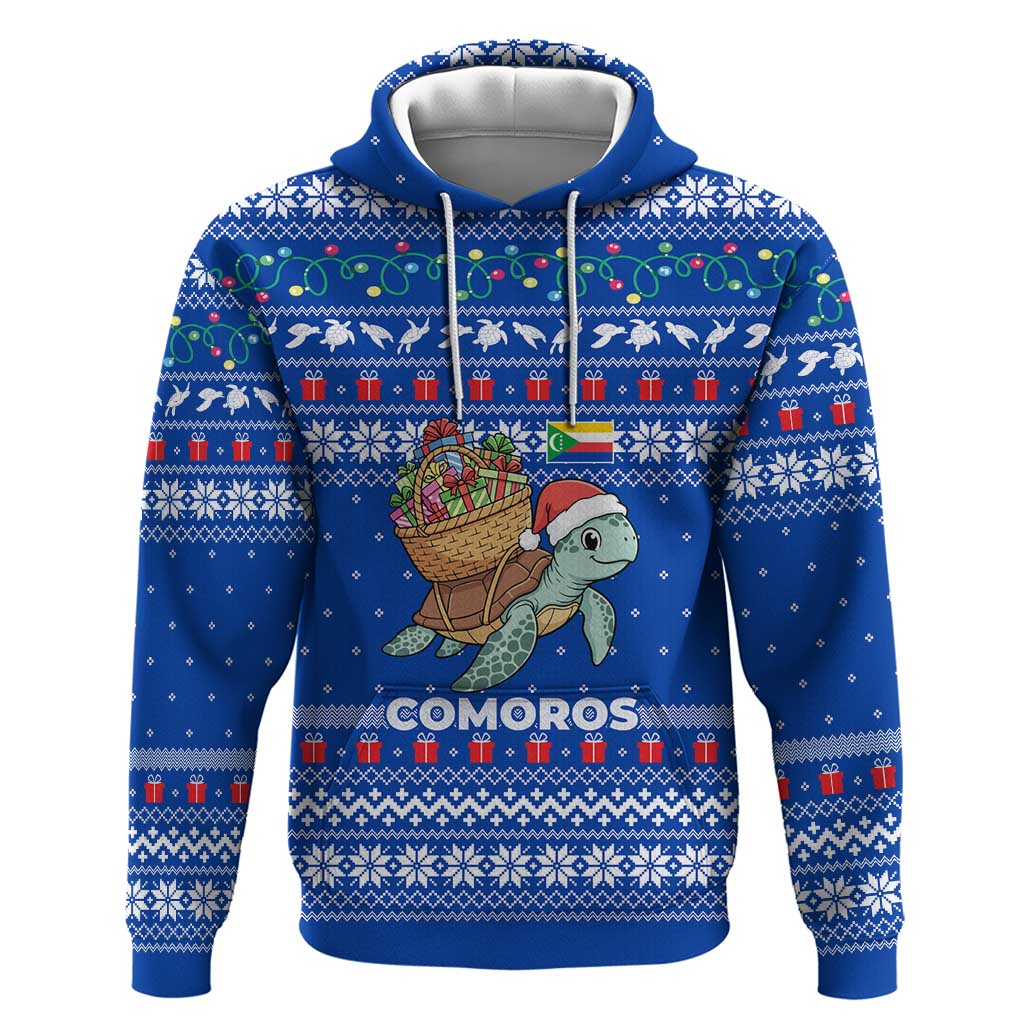 Comoros Christmas Hoodie with Santa Turtle Gifts Snowflakes and Ocean Blue Holiday Pattern - Wonder Print Shop