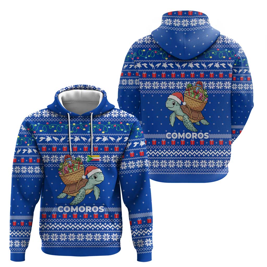 Comoros Christmas Hoodie with Santa Turtle Gifts Snowflakes and Ocean Blue Holiday Pattern - Wonder Print Shop