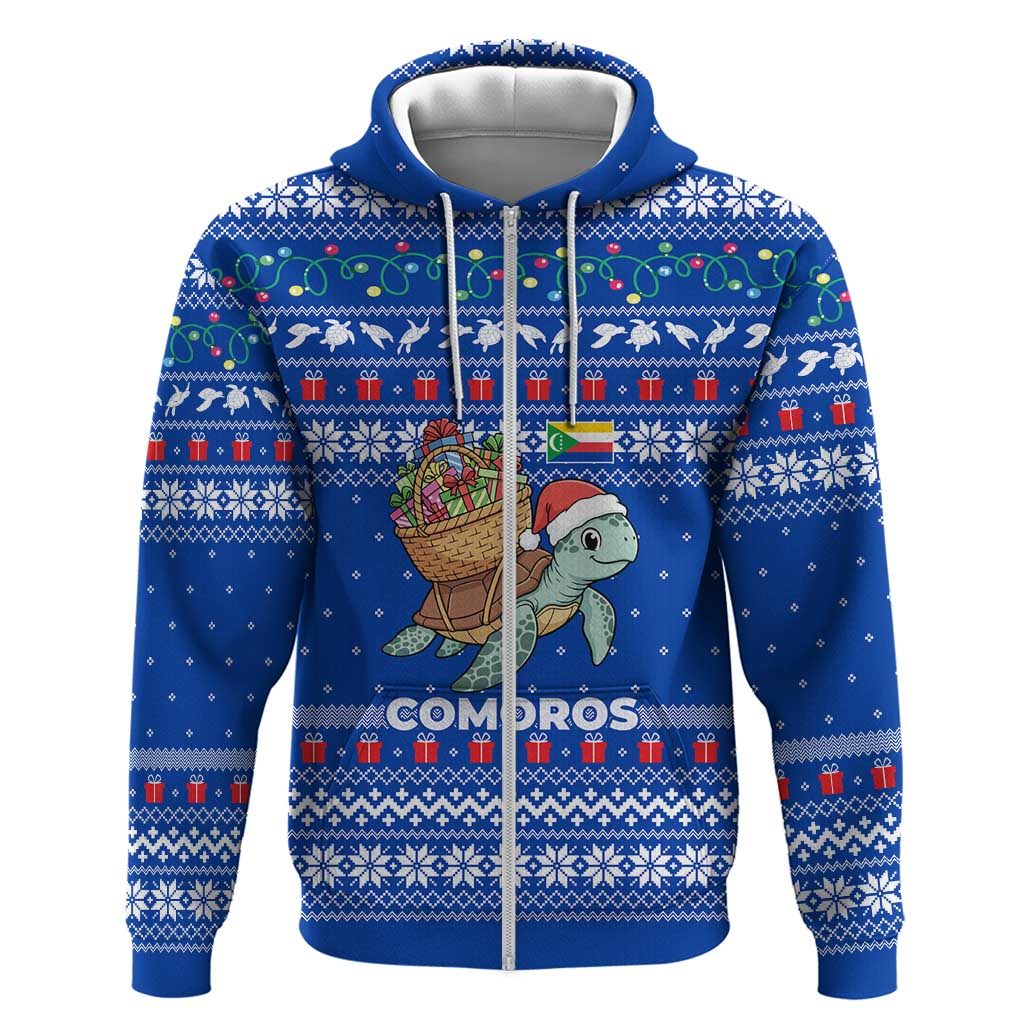 Comoros Christmas Hoodie with Santa Turtle Gifts Snowflakes and Ocean Blue Holiday Pattern - Wonder Print Shop