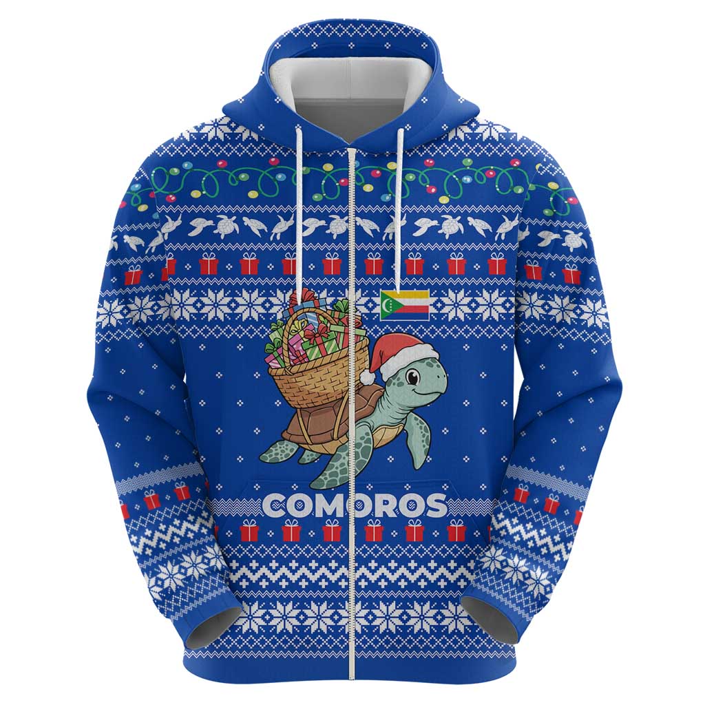 Comoros Christmas Hoodie with Santa Turtle Gifts Snowflakes and Ocean Blue Holiday Pattern - Wonder Print Shop
