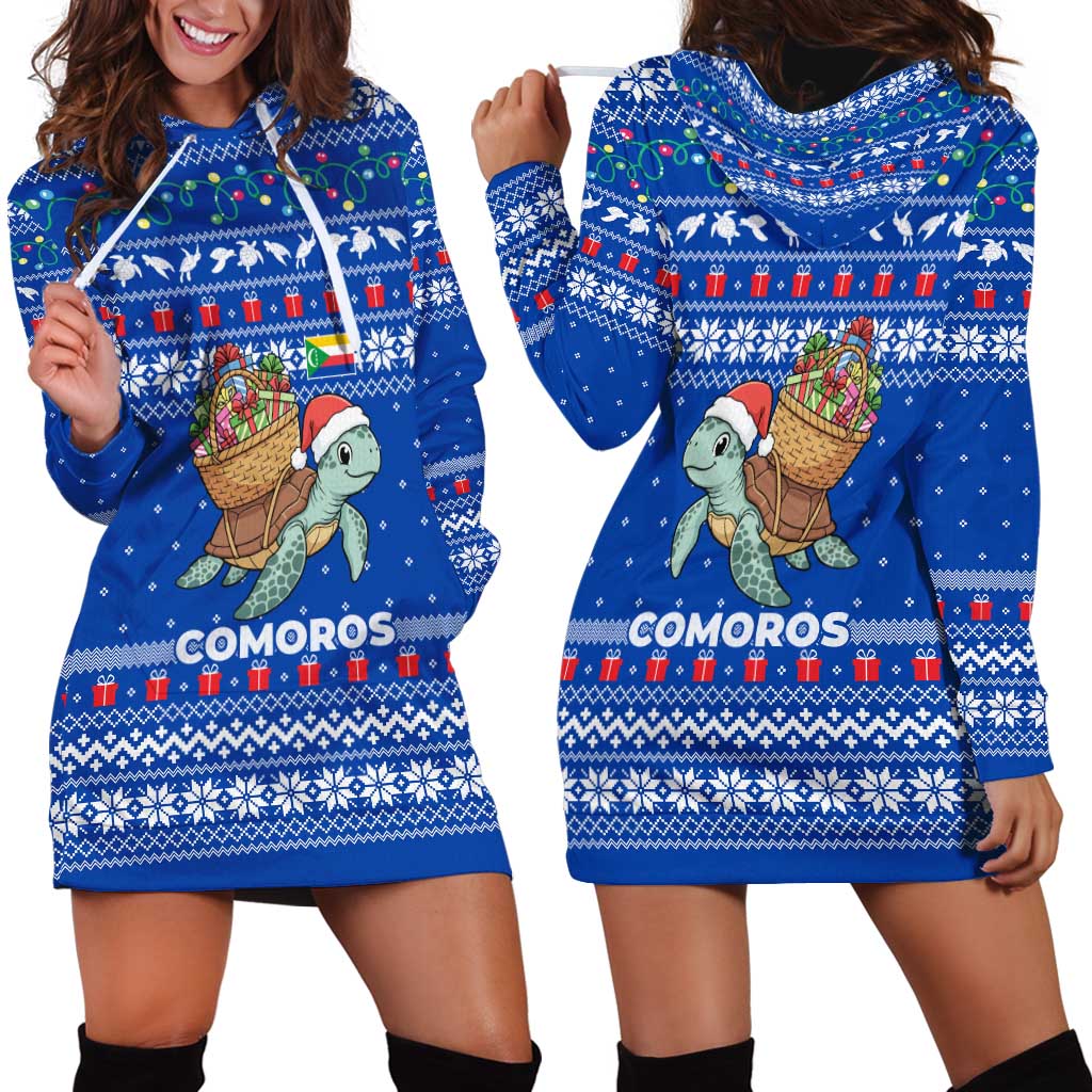 Comoros Christmas Hoodie Dress with Santa Turtle Gifts Snowflakes and Ocean Blue Holiday Pattern - Wonder Print Shop