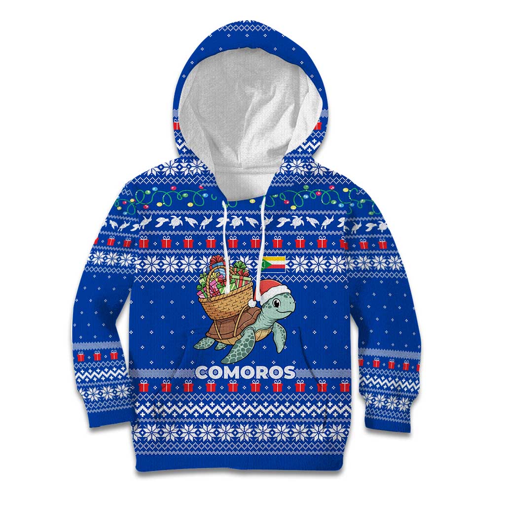 Comoros Christmas Kid Hoodie with Santa Turtle Gifts Snowflakes and Ocean Blue Holiday Pattern - Wonder Print Shop