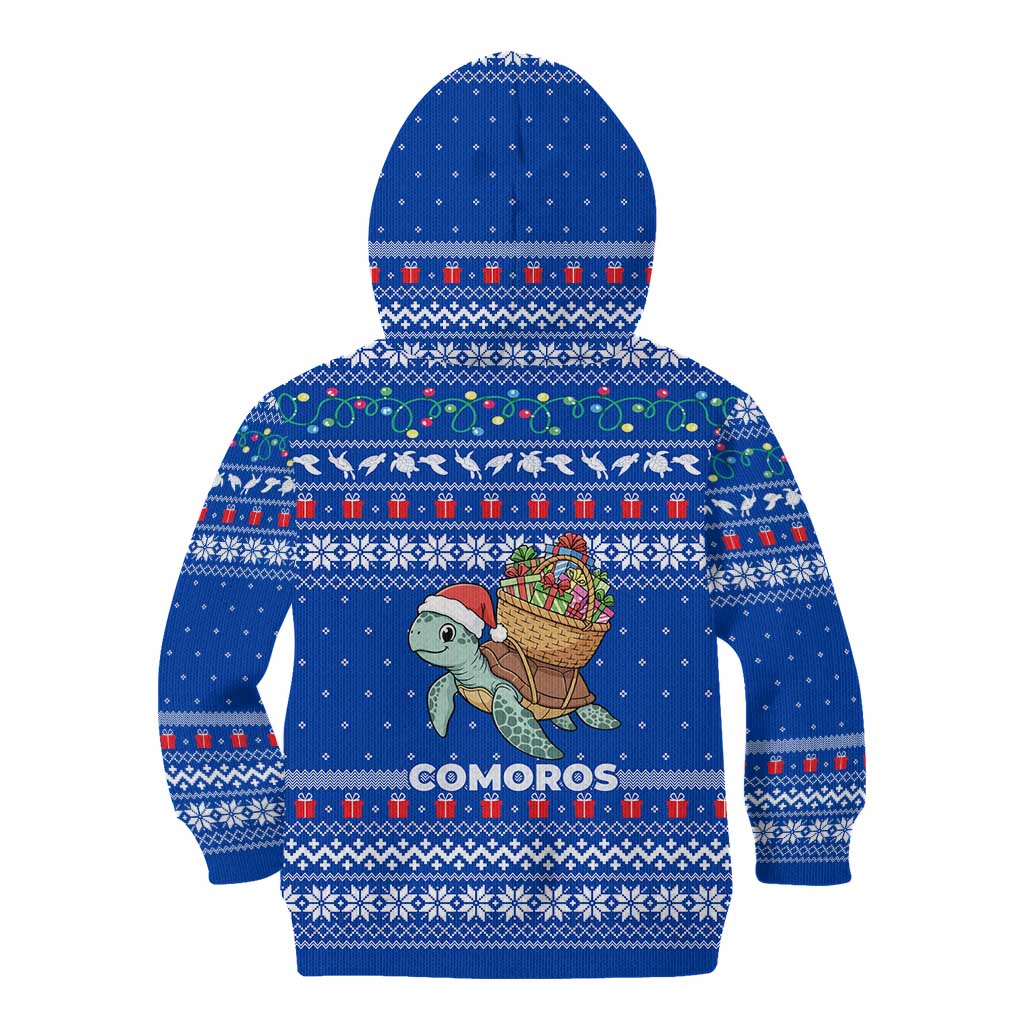 Comoros Christmas Kid Hoodie with Santa Turtle Gifts Snowflakes and Ocean Blue Holiday Pattern - Wonder Print Shop