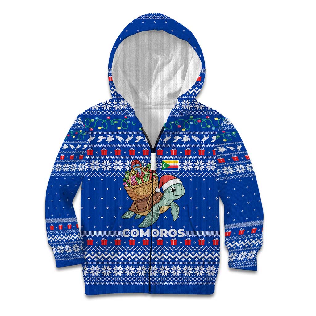 Comoros Christmas Kid Hoodie with Santa Turtle Gifts Snowflakes and Ocean Blue Holiday Pattern - Wonder Print Shop