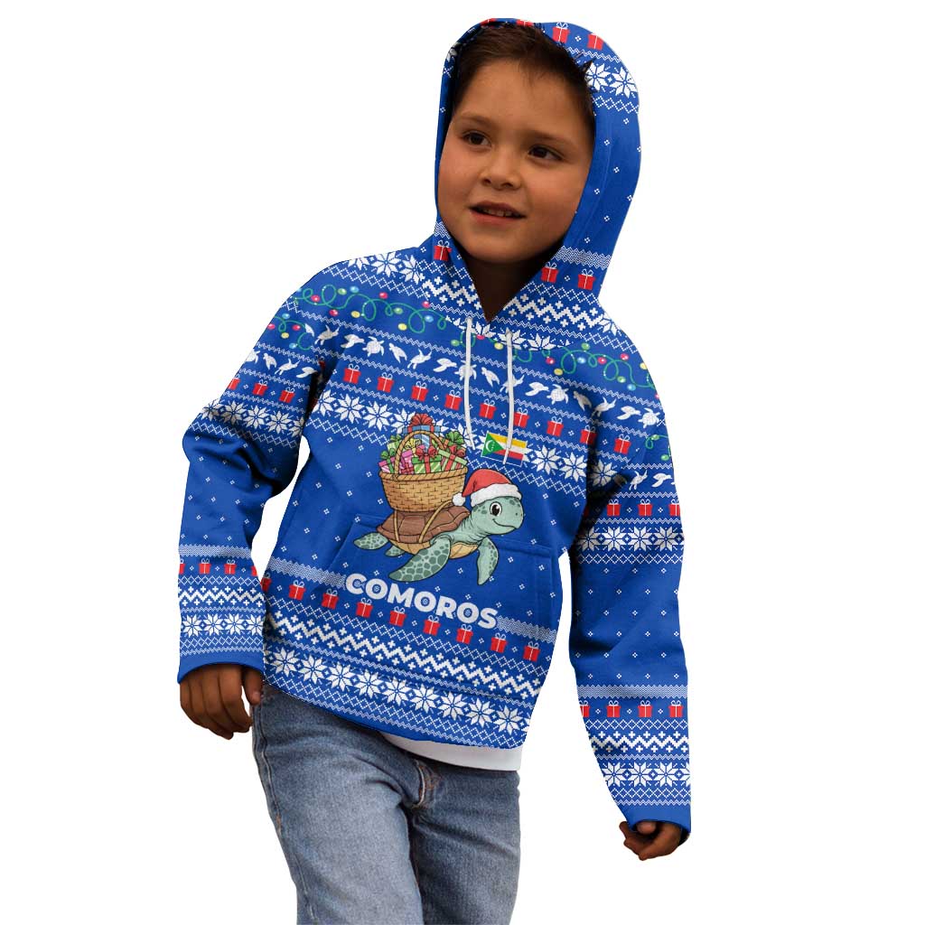Comoros Christmas Kid Hoodie with Santa Turtle Gifts Snowflakes and Ocean Blue Holiday Pattern - Wonder Print Shop