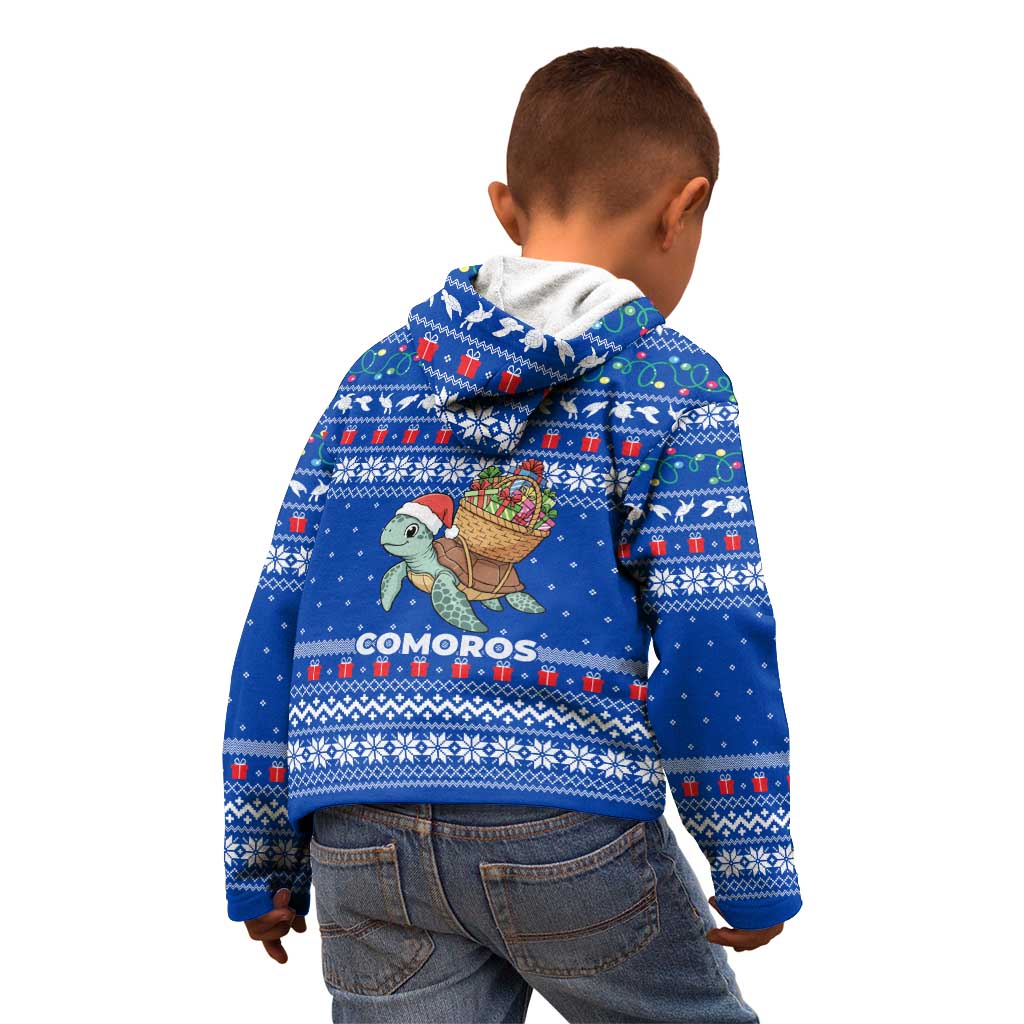 Comoros Christmas Kid Hoodie with Santa Turtle Gifts Snowflakes and Ocean Blue Holiday Pattern - Wonder Print Shop