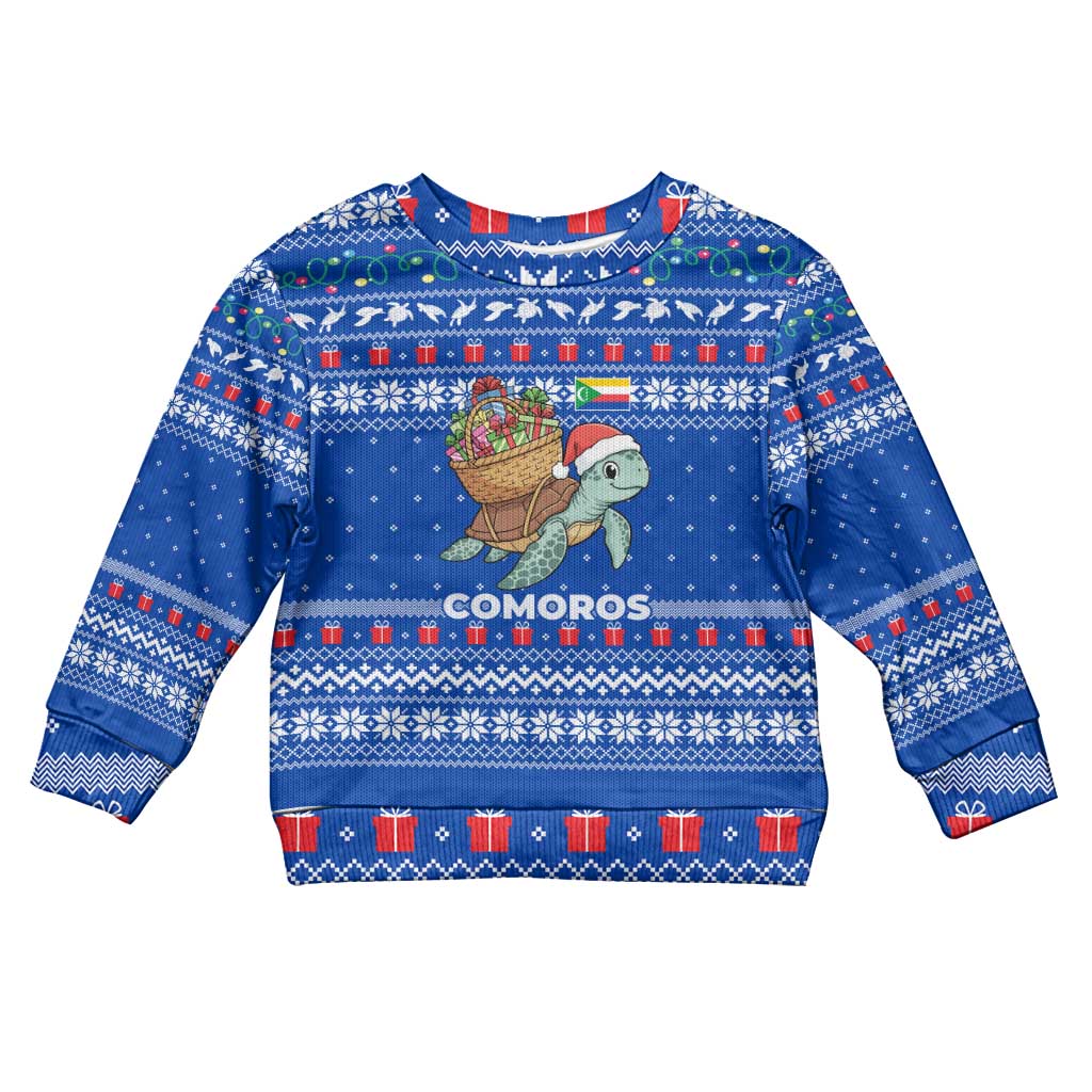 Comoros Christmas Kid Ugly Christmas Sweater with Santa Turtle Gifts Snowflakes and Ocean Blue Holiday Pattern - Wonder Print Shop
