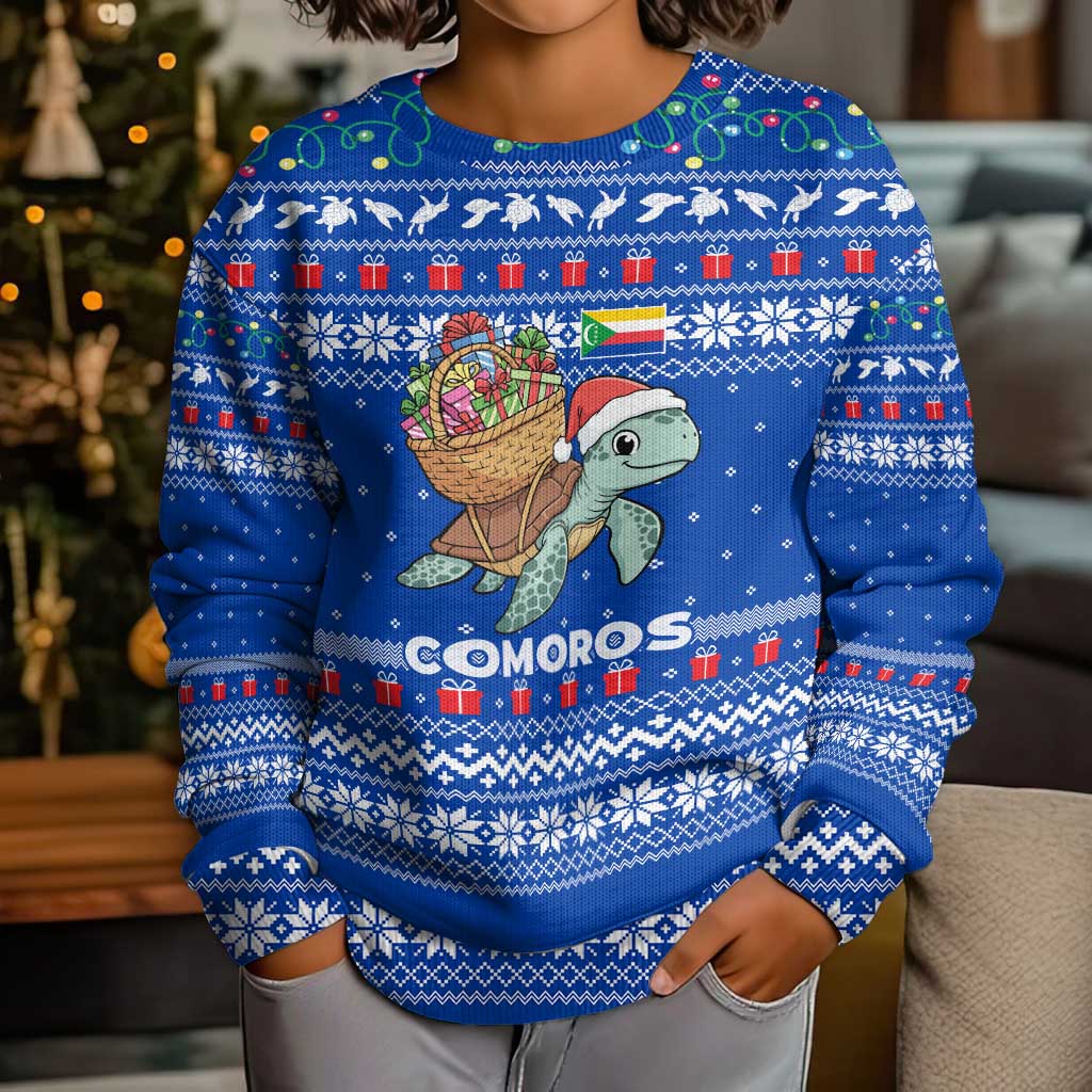 Comoros Christmas Kid Ugly Christmas Sweater with Santa Turtle Gifts Snowflakes and Ocean Blue Holiday Pattern - Wonder Print Shop