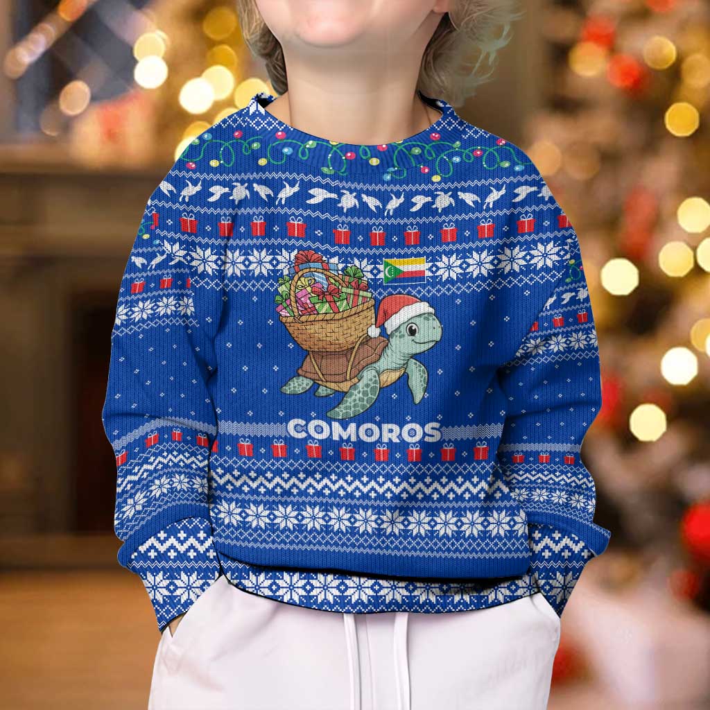 Comoros Christmas Kid Ugly Christmas Sweater with Santa Turtle Gifts Snowflakes and Ocean Blue Holiday Pattern - Wonder Print Shop