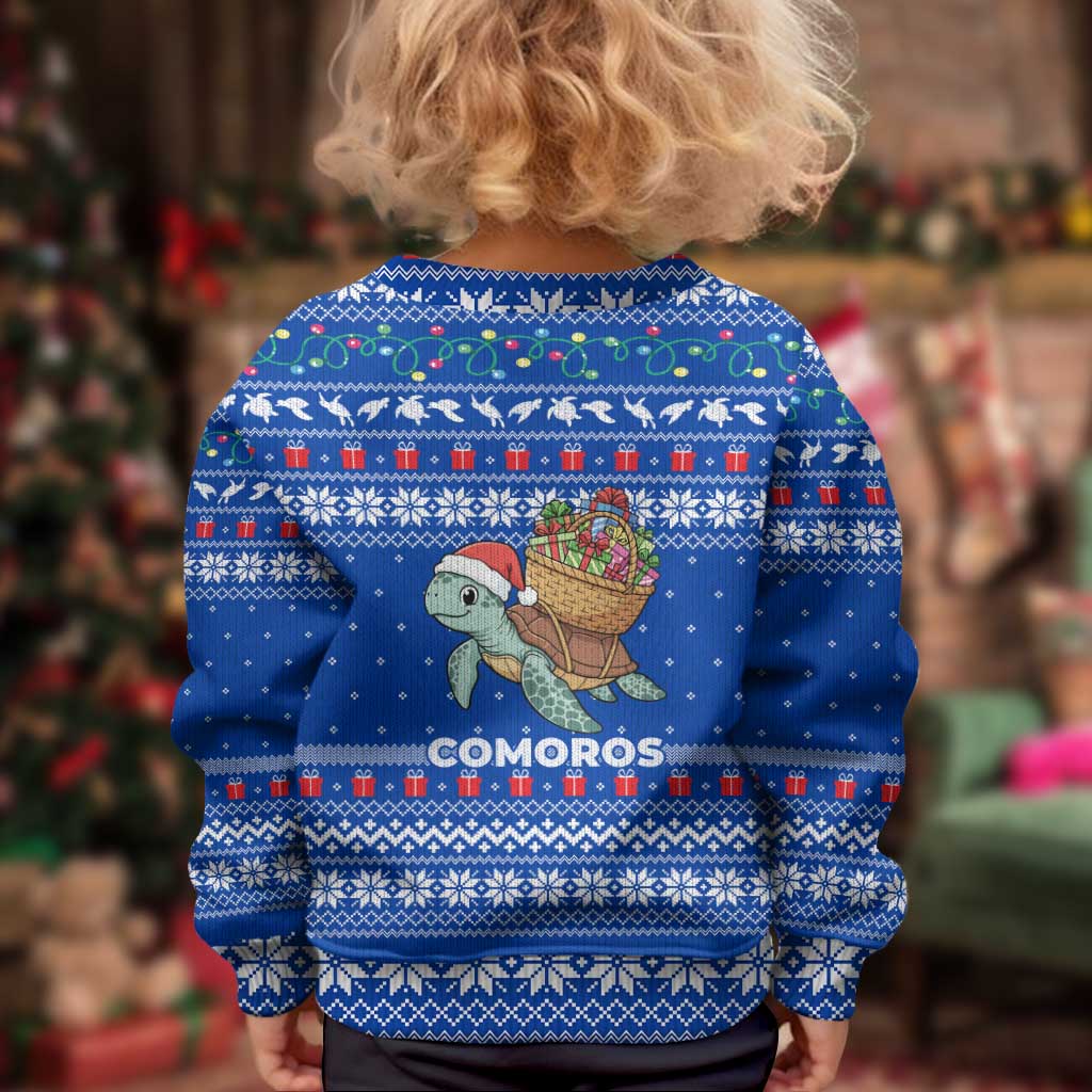 Comoros Christmas Kid Ugly Christmas Sweater with Santa Turtle Gifts Snowflakes and Ocean Blue Holiday Pattern - Wonder Print Shop