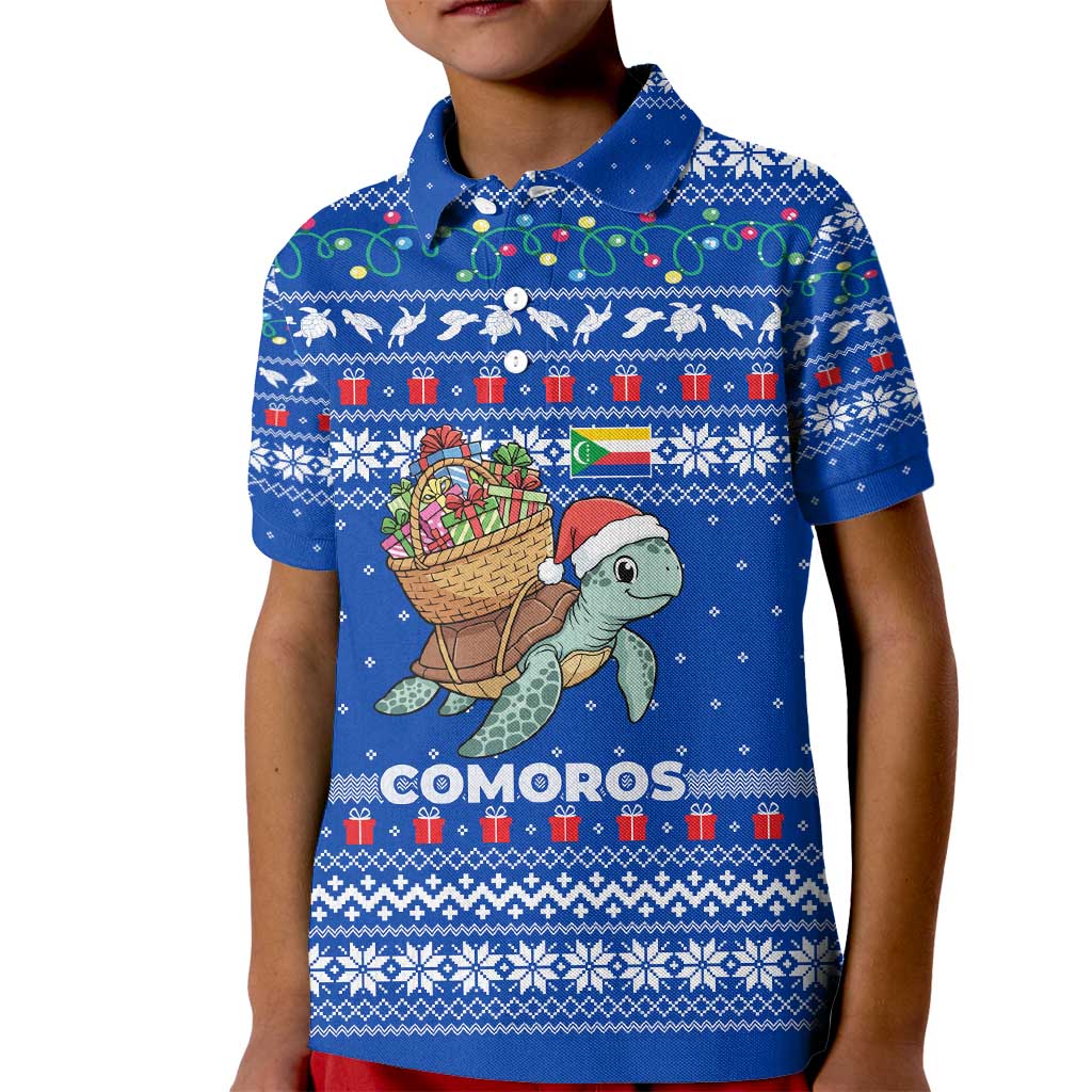 Comoros Christmas Kid Polo Shirt with Santa Turtle Gifts Snowflakes and Ocean Blue Holiday Pattern - Wonder Print Shop