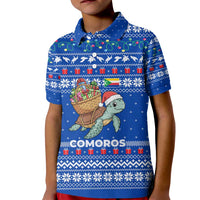 Comoros Christmas Kid Polo Shirt with Santa Turtle Gifts Snowflakes and Ocean Blue Holiday Pattern - Wonder Print Shop