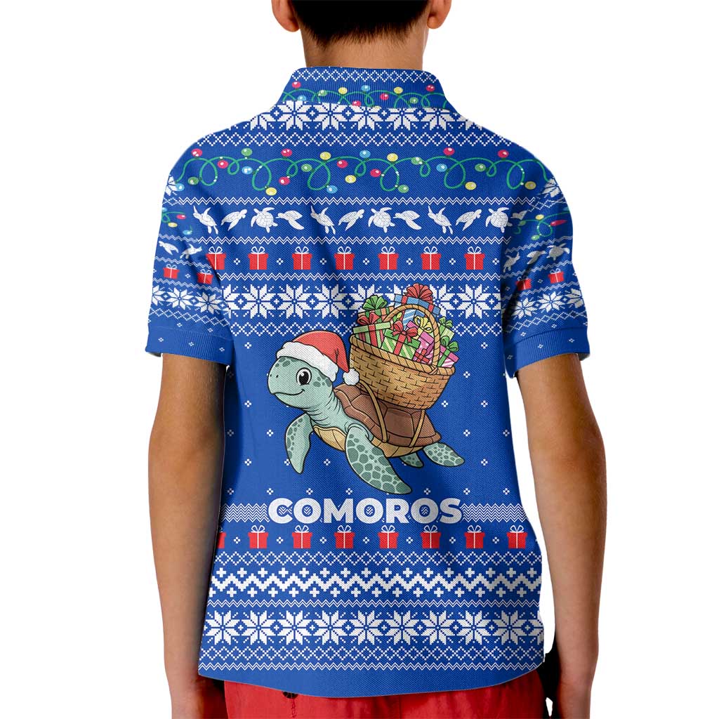 Comoros Christmas Kid Polo Shirt with Santa Turtle Gifts Snowflakes and Ocean Blue Holiday Pattern - Wonder Print Shop