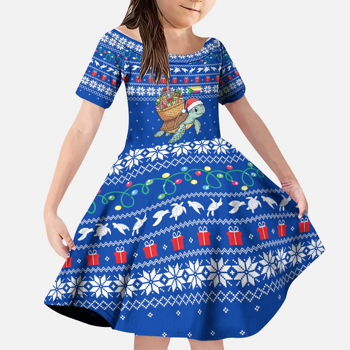 Comoros Christmas Kid Short Sleeve Dress with Santa Turtle Gifts Snowflakes and Ocean Blue Holiday Pattern - Wonder Print Shop