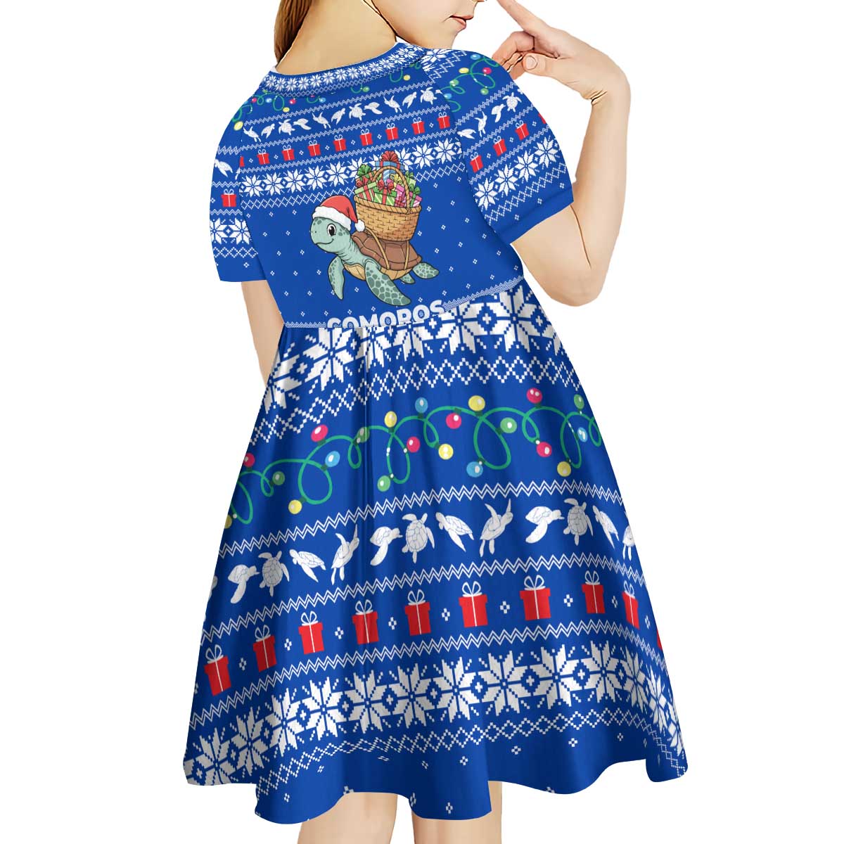 Comoros Christmas Kid Short Sleeve Dress with Santa Turtle Gifts Snowflakes and Ocean Blue Holiday Pattern - Wonder Print Shop