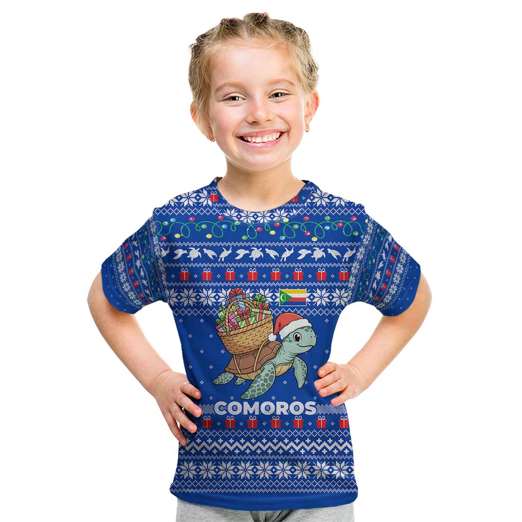 Comoros Christmas Kid T Shirt with Santa Turtle Gifts Snowflakes and Ocean Blue Holiday Pattern - Wonder Print Shop