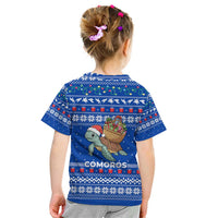Comoros Christmas Kid T Shirt with Santa Turtle Gifts Snowflakes and Ocean Blue Holiday Pattern - Wonder Print Shop