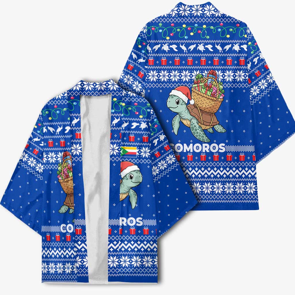 Comoros Christmas Kimono with Santa Turtle Gifts Snowflakes and Ocean Blue Holiday Pattern - Wonder Print Shop
