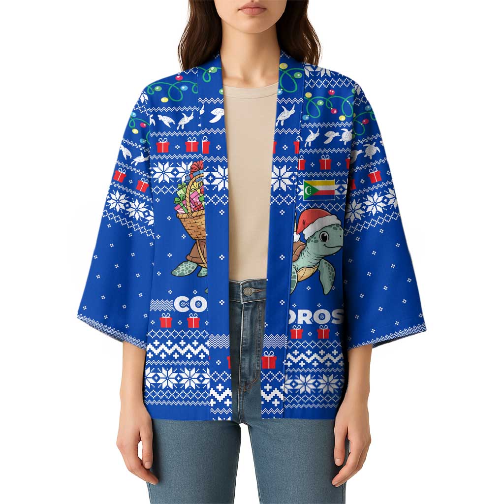 Comoros Christmas Kimono with Santa Turtle Gifts Snowflakes and Ocean Blue Holiday Pattern - Wonder Print Shop
