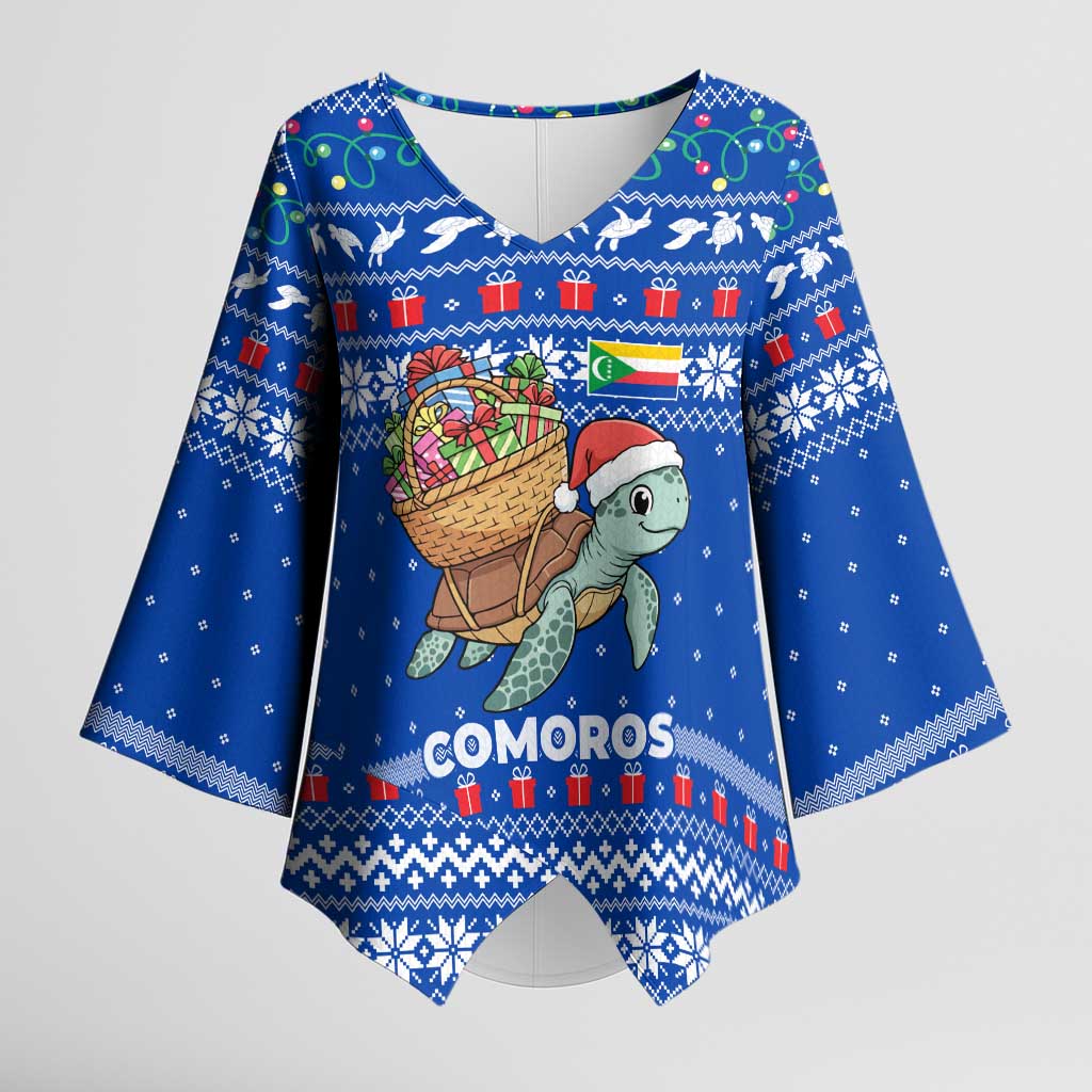 Comoros Christmas Kimono Sleeve Blouse with Santa Turtle Gifts Snowflakes and Ocean Blue Holiday Pattern - Wonder Print Shop
