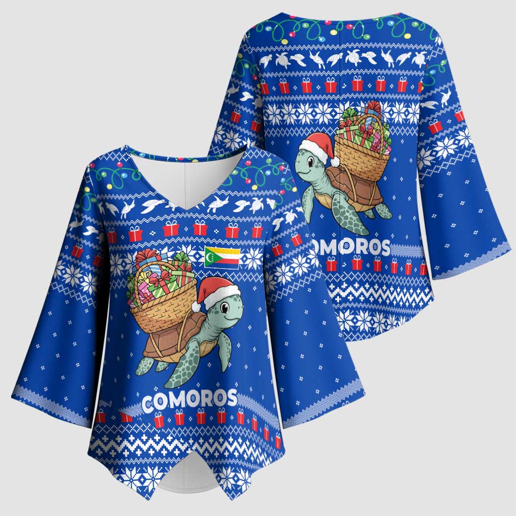 Comoros Christmas Kimono Sleeve Blouse with Santa Turtle Gifts Snowflakes and Ocean Blue Holiday Pattern - Wonder Print Shop